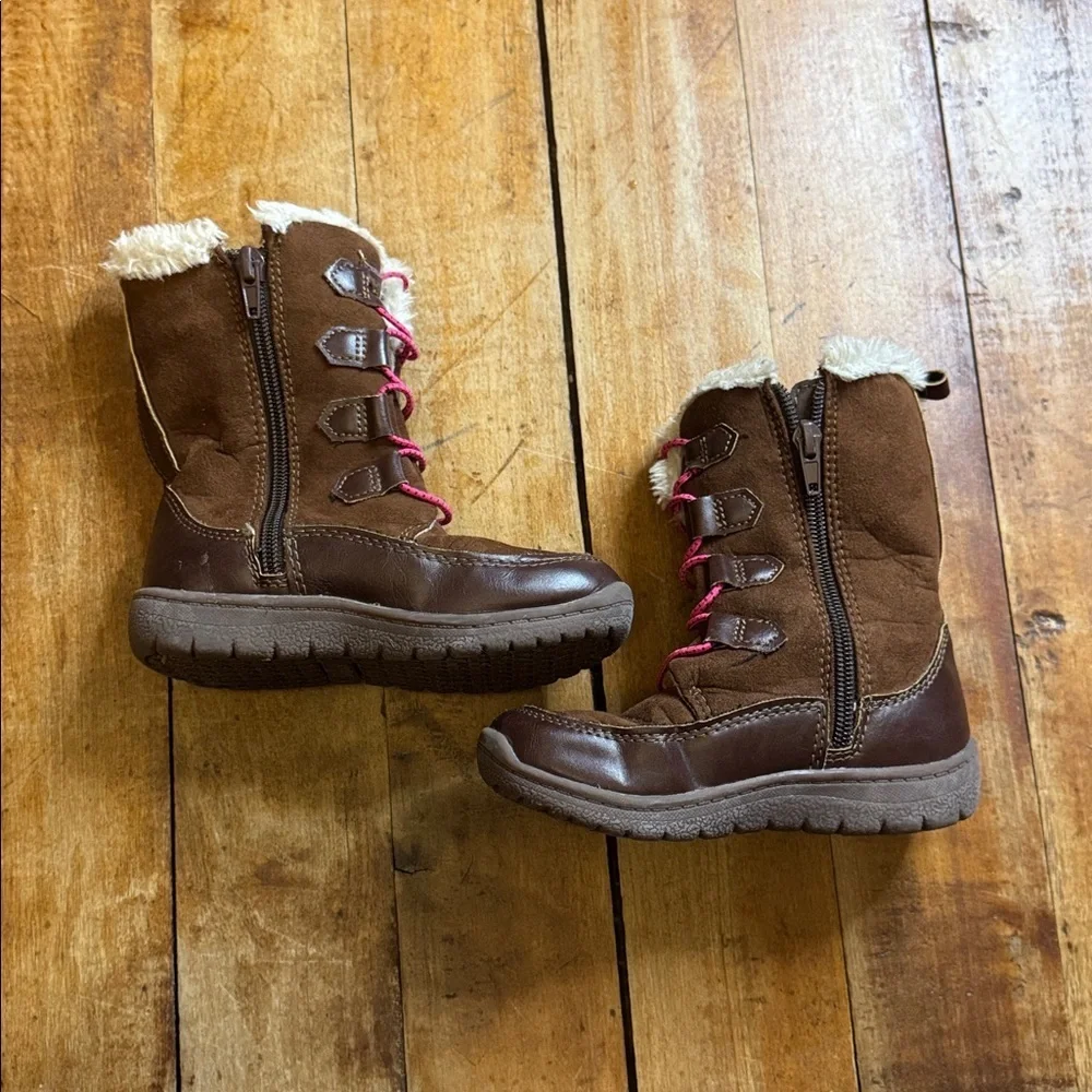 Oshkosh Brown Pink Winter Boots with Faux Fur lining size 10 zippered sides